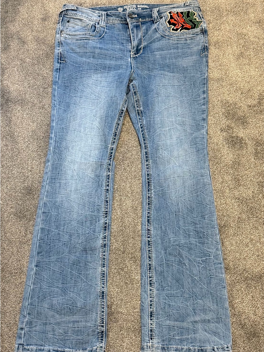 2000s style stacked jeans